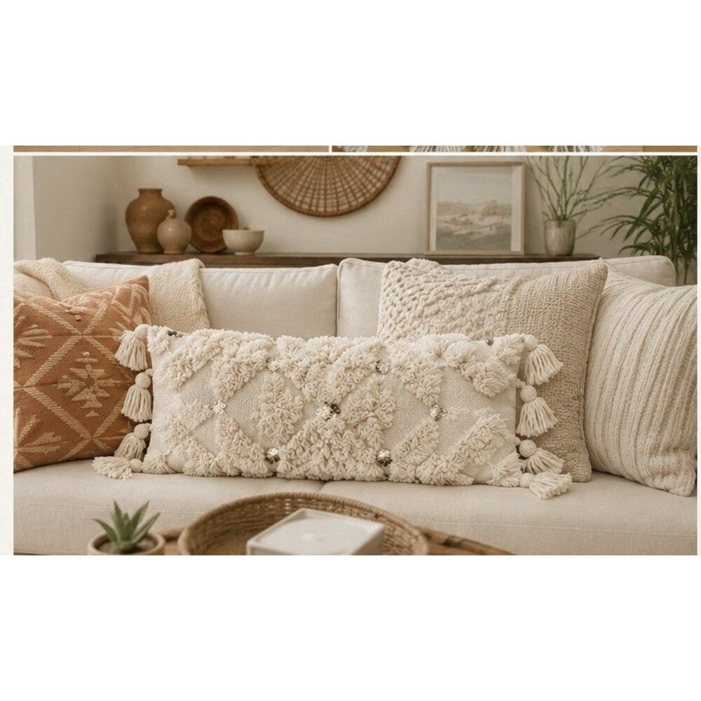 World Market Boho Textured Lumbar Throw Pillow Cover Fringe Accent Cream NEW